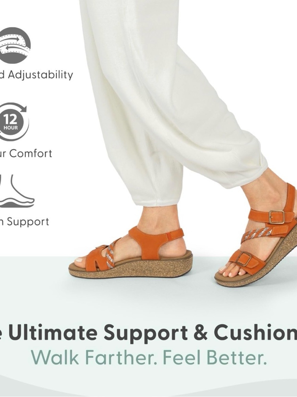 Orthofeet Orthopedic Chloe Orange Adjustable Leather Wedge Sandal 7 Wide Toe Box - Picture 3 of 15